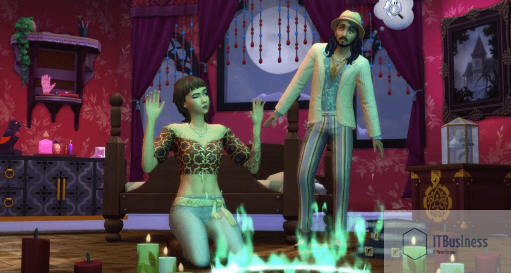 Сим проводит сеанс в круге вызова на земле дома, в то время как другой сим наблюдает за The Sims 4: Paranormal Stuff