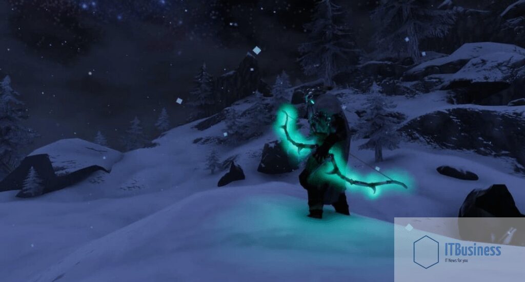 Игрок использует светящийся лук на заснеженной горе в Вальхейме. разблокировать лук Клык Драугра в Valheim