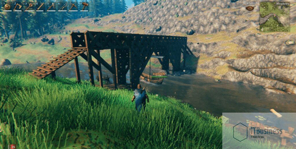 Игрок строит мост с подземным переходом для лодок в Вальхейме. строить мосты